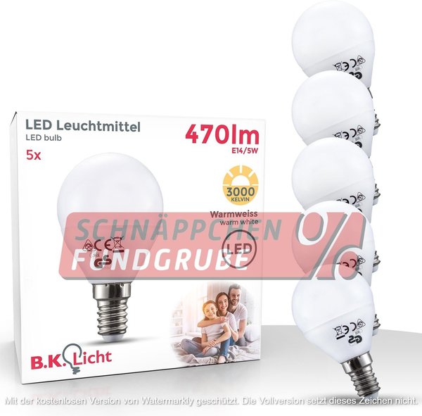 B.K.Licht LED-Leuchtmittel, E14, 5 Stück, Warmweiß, LED-Lampe Glühb. 5 Watt 470 Lumen 3.000 Kelvin